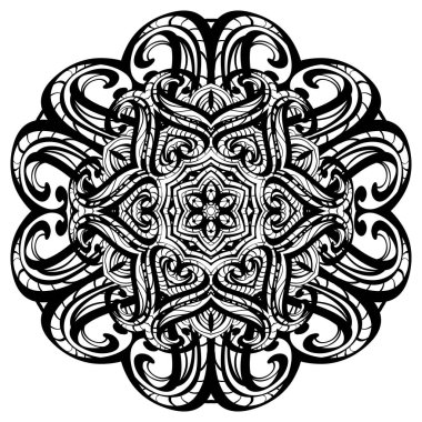 Süslü etnik mandala ya da şenlikli kar tanesi. Tek renkli doğu motifi. Tasarım için fantezi öğesi. Klasik siyah-beyaz vektör çizimi. Beyaz arkaplanda fantezi sembolü. Kolay düzenlenebilir..