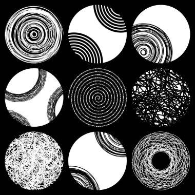 9 tane grunge dairesi. Grafik tasarımı için elle çizilmiş izole elementler. Vektör illüstrasyonu. Sanat çerçevesi ya da afiş. Düzenlenebilir şablon. Siyah arkaplanda beyaz şekiller..