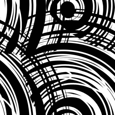 Soyut dolambaçlı iplik sarmalı ile kusursuz desenler. Tek renkli serbest yazı dokusu var. Siyah ve beyaz modern sanatsal arka plan ve yok edilmiş çemberler. Vektör illüstrasyonu.