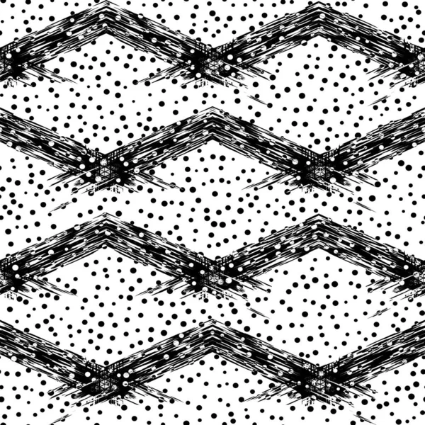그르렁 거리는 격자와 점들이 검은색 흰색의 바다없는 무늬입니다 예술적 모노크롬 — 스톡 벡터