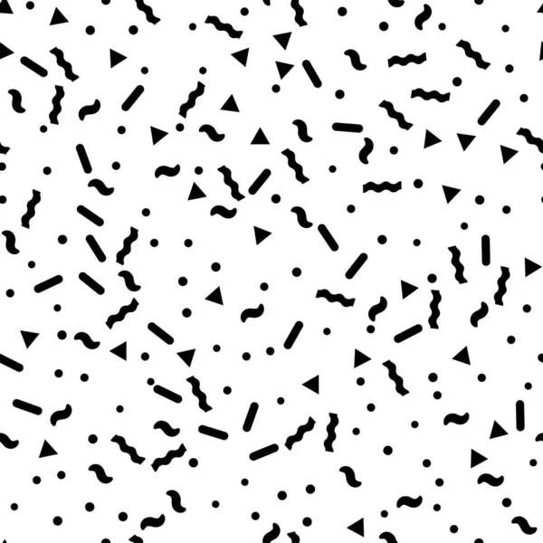 Üçgen, nokta ve çizgilerle tek renkli, kusursuz soyut desen. Değişik şekilli fantezi geometrik arka plan. Memphis tarzında hippi siyah beyaz poster.