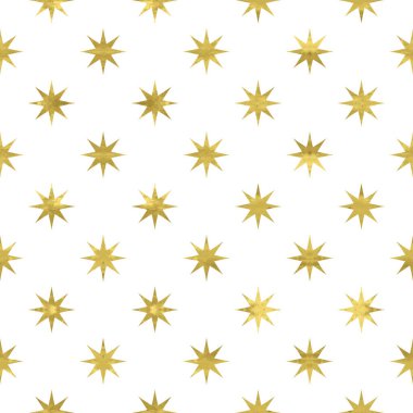 Beyaz ve altın desenli, parlak folyo desenli yıldızlar. Soyut sanatsal lüks şebeke geçmişi. Kumaş tasarımı, duvar kağıdı, dekoratif kağıt, web için parlak bir illüstrasyon