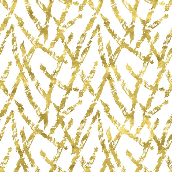 キラキラ箔スクラッチテクスチャと白と金のシームレスなパターン 抽象芸術的金属的背景 ファブリックデザイン 装飾紙 ウェブのための明るい光沢のあるイラスト — ストックベクタ