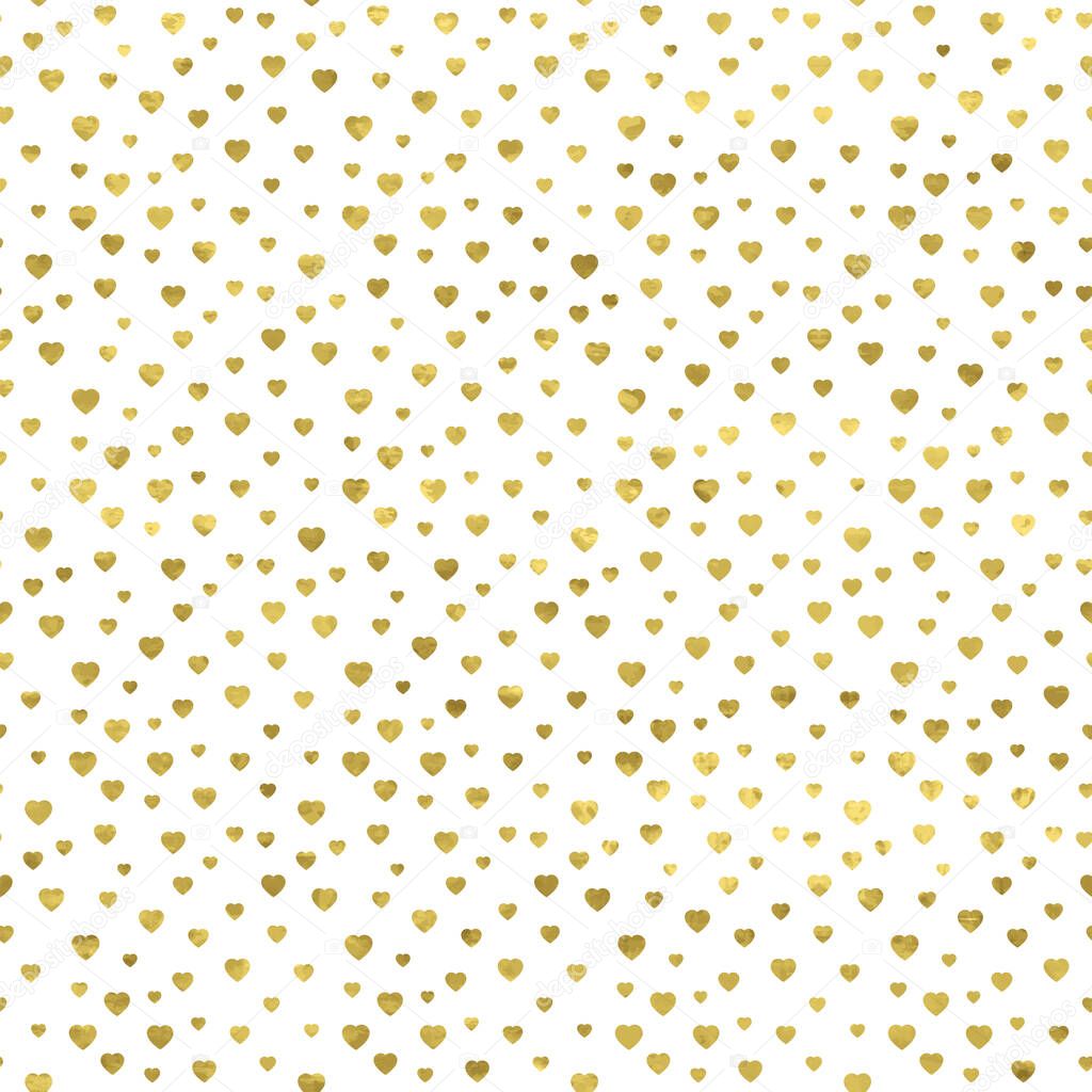 White and gold seamless pattern with glitter foil textured confetti hearts. Abstract artistic modern background. Bright shiny illustration for fabric design, wallpaper, decorative paper, web design.