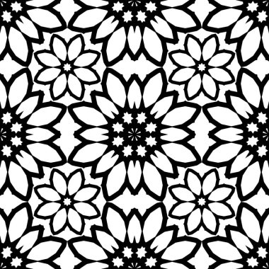 Soyut, pürüzsüz desen. Siyah çiçekli beyaz arka plan. Tek renkli basit vektör çizimi.