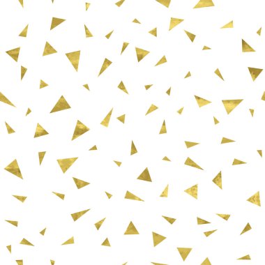 Altın ve beyaz, altın üçgenli, pürüzsüz desen. Parlak konfeti geçmişi. Vektör çizimi. Parlak bir kapak. Altın folyo dokusu. Bayram bayrağı.