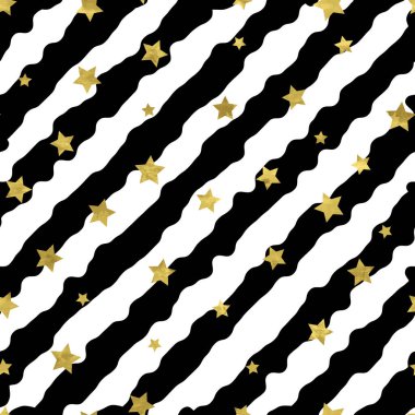 Siyah, çapraz dalgalanma çizgileri ve parlak altın folyo yıldızlarıyla kusursuz soyut desen. Paketleme, web sitesi, davet veya diğer tasarım için çizgili sanatsal vektör çizelgesi.
