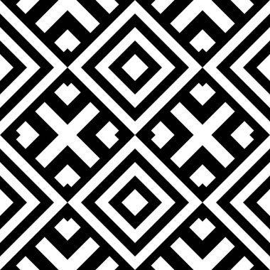 Soyut şekilli kusursuz klasik geometrik desen. Çizgili monokrom sanatsal tasarım çizimi. Basit siyah beyaz sarma romb ve çapraz.