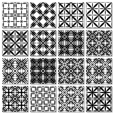 16 soyut tek renkli geometrik desen ya da karo seti. Klasik siyah-beyaz, dikişsiz duvar kağıdı. Vektör çizimi. Geometrik şekilli fantezi arkaplanı.