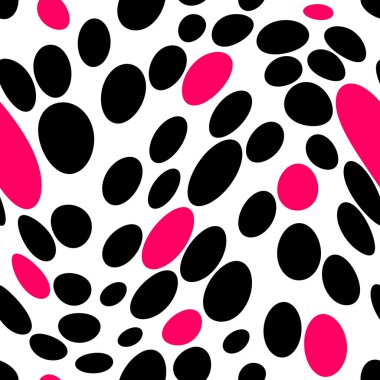 Kaotik siyah ve kırmızı daireleri olan soyut, klasik, beyaz, pürüzsüz bir model. Vektör çizimi. Siyah, kırmızı ve beyaz arka plan. Tek renkli tasarım.