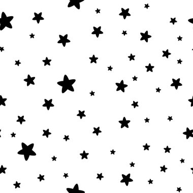 Kaotik siyah yıldızlı soyut, beyaz, pürüzsüz astronomi deseni. Vektör çizimi. Siyah beyaz arka plan. Tek renkli tasarım.