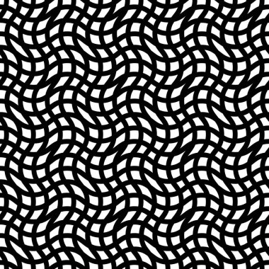  Dalgalı monokrom soyut, dikişsiz desen. Şebeke ile siyah beyaz arka plan. Vektör illüstrasyonu.