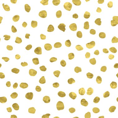 Beyaz ve altın desenli, parlak folyo desenli konfeti daireli. Soyut sanatsal polka nokta arkaplanı. Kumaş tasarımı, duvar kağıdı, dekoratif kağıt, web için parlak bir illüstrasyon.