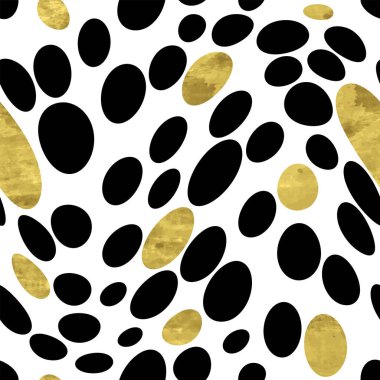 Parlak folyo desenli beyaz ve altın desenli konfeti desenli daireler oval sallanıyor. Soyut sanatsal polka nokta arkaplanı. Kumaş tasarımı, duvar kağıdı, kağıt, ağ için parlak resimleme