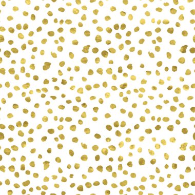 Beyaz ve altın desenli, parlak folyo desenli konfeti daireli. Soyut sanatsal polka nokta arkaplanı. Kumaş tasarımı, duvar kağıdı, dekoratif kağıt, web için parlak bir illüstrasyon.