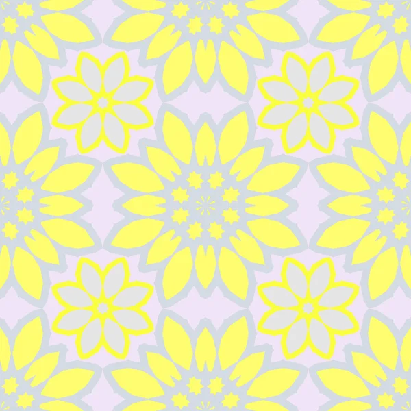 抽象的な単純なシームレスパターン 灰色と黄色の花でかわいい背景 明るい夏のベクトルイラスト — ストックベクタ