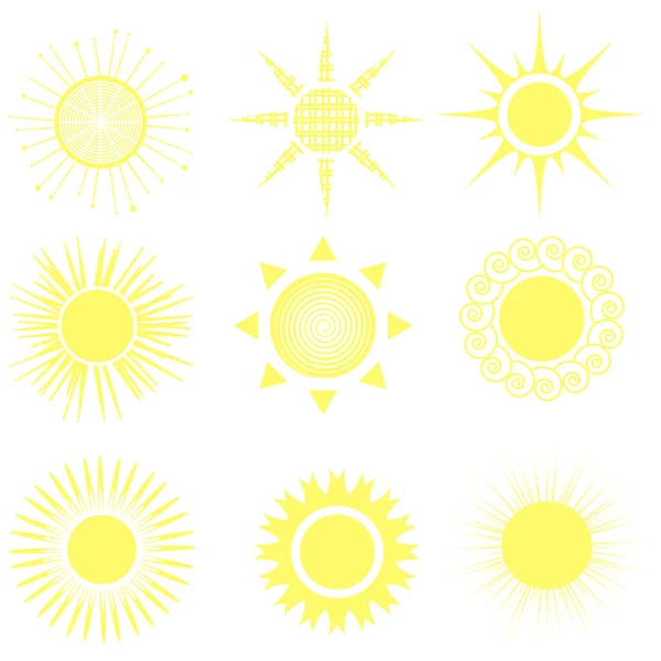白い背景に黄色の太陽 9つの明るい孤立要素のセット ベクトルイラスト アイコン その他のデザインのための芸術的な記号 — ストックベクタ