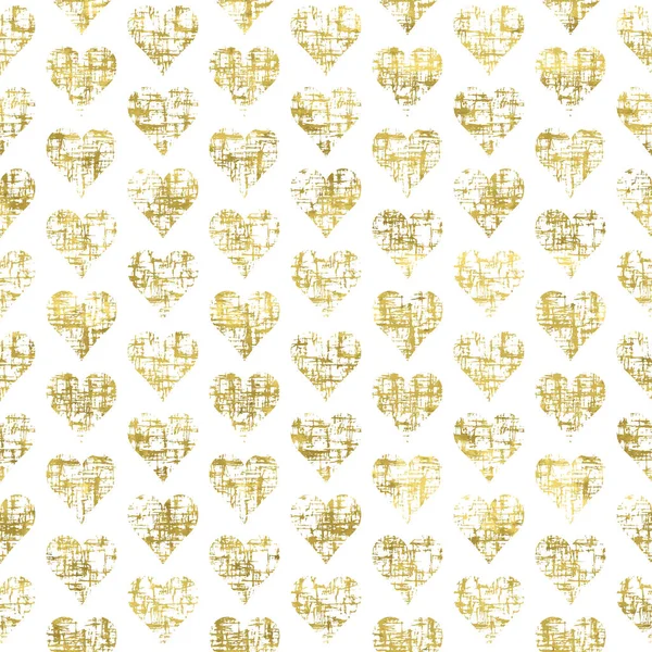 Gold White Seamless Pattern Golden Print Grunge Hearts Shiny Vector — Stock Vector