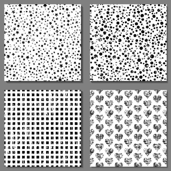 Набор из 4 граненых черно-белых безморских узоров с принтом из граненых сердец, скворечников, дот и звёзд. Всплеск темно-грандиозной текстурированной печати. Обои для ткани, паутины, текстиля, одежды
