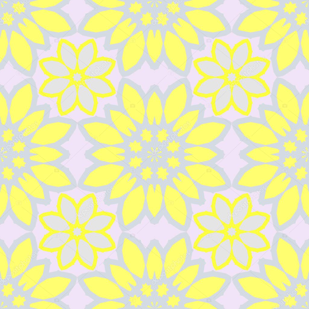 Abstract simple seamless pattern.  Cute  background with gray and yellow flowers.  Bright summer vector illustration.