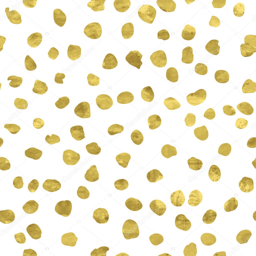 White and gold seamless pattern with glitter foil textured confetti circles. Abstract artistic polka dot background. Bright shiny illustration for fabric design, wallpaper, decorative paper, web.