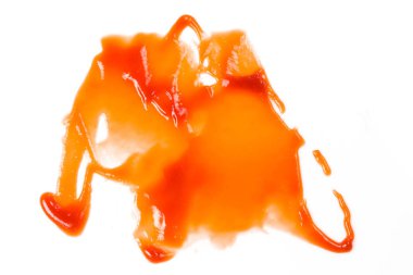 Beyaz arka plan üzerinde izole salça. Kırmızı ketçap su sıçramalarına izole üzerinde beyaz arka plan, üstten görünüm