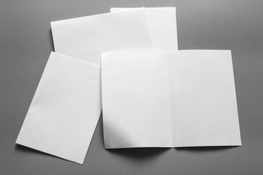 Boş dikey A4. gri, değiştirilebilir arka plan izole broşür dergi / beyaz kağıt izole gri üzerine