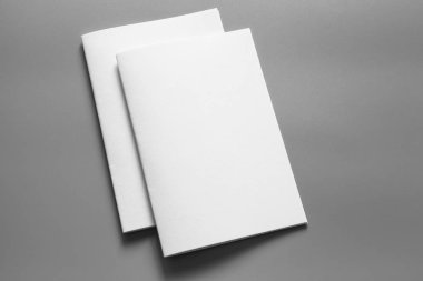 Boş portre mock-up kağıt. gri, değiştirilebilir arka plan izole broşür dergi / beyaz kağıt izole gri üzerine