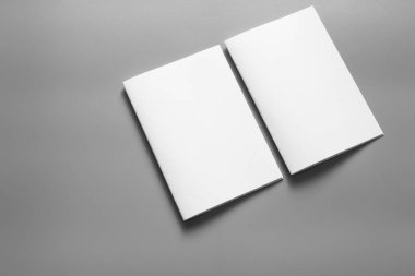 Boş portre mock-up kağıt. gri, değiştirilebilir arka plan izole broşür dergi / beyaz kağıt izole gri üzerine