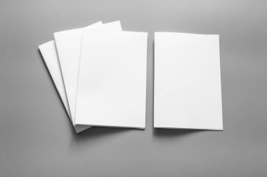 Boş portre mock-up kağıt. gri, değiştirilebilir arka plan izole broşür dergi / beyaz kağıt izole gri üzerine