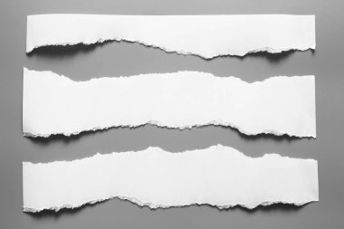 Gri arka planda beyaz yırtık kağıt. koleksiyon kağıdı yırtılması