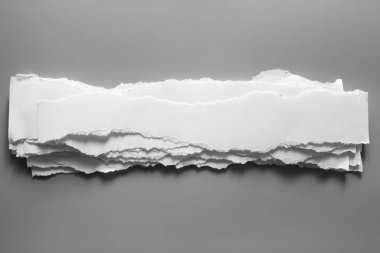 Gri arka planda beyaz yırtık kağıt. koleksiyon kağıdı yırtılması