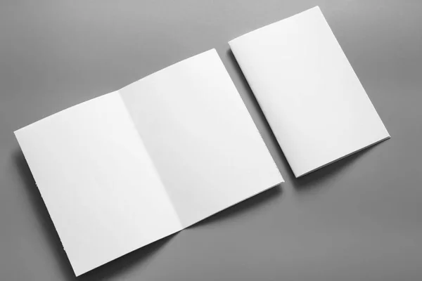 Boş portre mock-up kağıt. gri, değiştirilebilir arka plan izole broşür dergi / beyaz kağıt izole gri üzerine