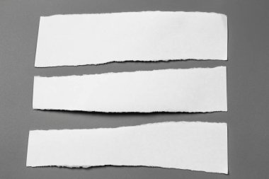 Gri arka planda beyaz yırtık kağıt. koleksiyon kağıdı yırtılması