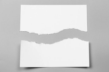 Gri arka planda beyaz yırtık kağıt. koleksiyon kağıdı yırtılması