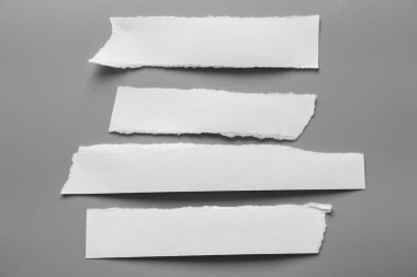 Gri arka planda beyaz yırtık kağıt. koleksiyon kağıdı yırtılması