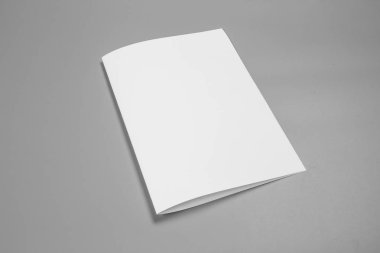 Boş dikey A4. gri, değiştirilebilir arka plan izole broşür dergi / beyaz kağıt izole gri üzerine