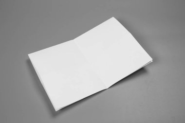 Boş dikey A4. gri, değiştirilebilir arka plan izole broşür dergi / beyaz kağıt izole gri üzerine