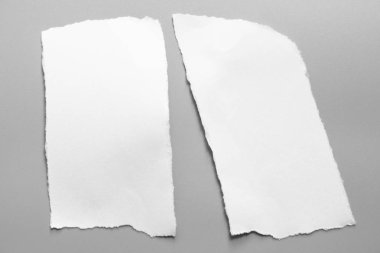 Gri arka planda beyaz yırtık kağıt. koleksiyon kağıdı yırtılması