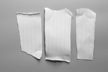 Gri arka planda beyaz yırtık kağıt. koleksiyon kağıdı yırtılması