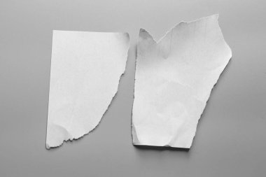 Gri arka planda beyaz yırtık kağıt. koleksiyon kağıdı yırtılması