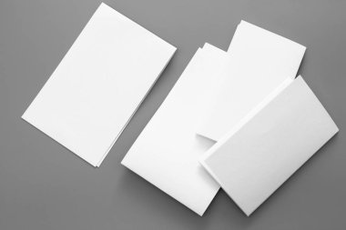 Boş dikey A4. gri, değiştirilebilir arka plan izole broşür dergi / beyaz kağıt izole gri üzerine