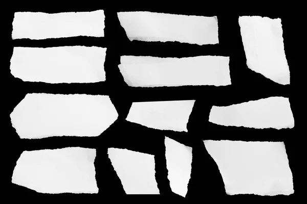 黑色背景的白色撕裂纸 收集纸撕 在黑色背景下分离的不同形状的纸片集 — 图库照片