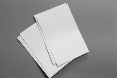 Boş portre mock-up kağıt. gri, değiştirilebilir arka plan izole broşür dergi / beyaz kağıt izole gri üzerine