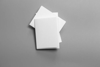 Boş portre mock-up kağıt. gri, değiştirilebilir arka plan izole broşür dergi / beyaz kağıt izole gri üzerine
