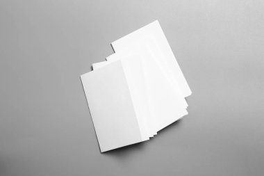 Boş portre mock-up kağıt. gri, değiştirilebilir arka plan izole broşür dergi / beyaz kağıt izole gri üzerine