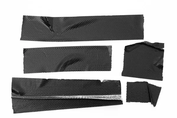 白色背景上的黑色磁带集 撕裂水平和不同尺寸的黑色粘胶带 粘合件 — 图库照片