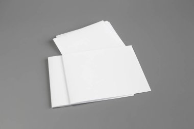 Boş dikey A4. gri, değiştirilebilir arka plan izole broşür dergi / beyaz kağıt izole gri üzerine