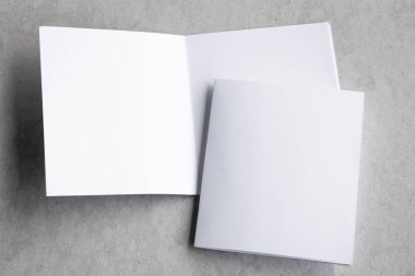 Boş portre mock-up kağıt. gri, değiştirilebilir arka plan izole broşür dergi / beyaz gri çimento zemin üzerinde izole kağıt.
