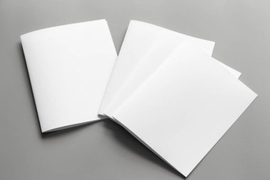 Boş portre mock-up kağıt. gri, değiştirilebilir arka plan izole broşür dergi / beyaz kağıt izole gri üzerine